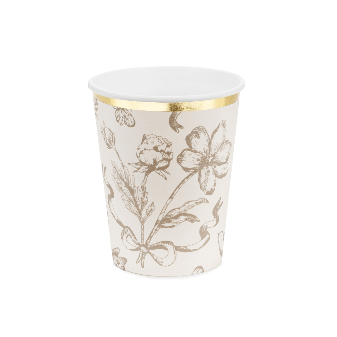 Beige & Gold Floral Paper Cups x 6 backdrop Beige & Gold Floral Paper Cups x 6