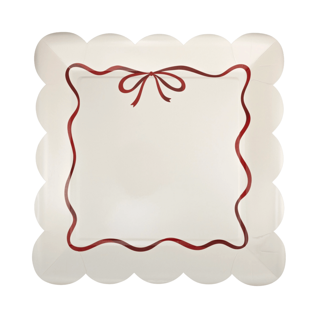 Red Bow Scallop Border Party Plates x 8 - Bow Christmas Supplies Disposable Plates Red Bow Scallop Border Party Plates x 8