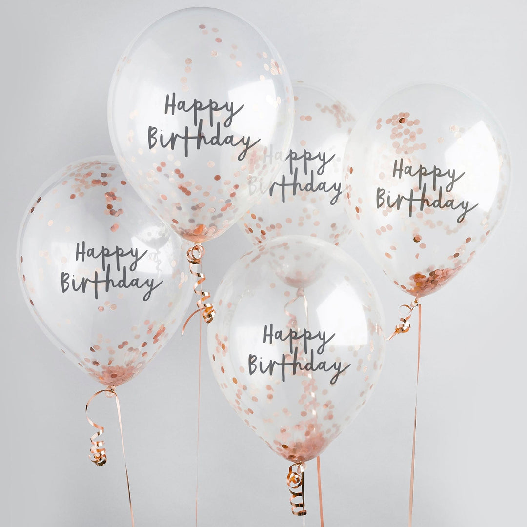 Rose Gold Confetti Happy Birthday Balloons x 5 - Hootyballoo Balloons Rose Gold Confetti Happy Birthday Party Balloons x 5