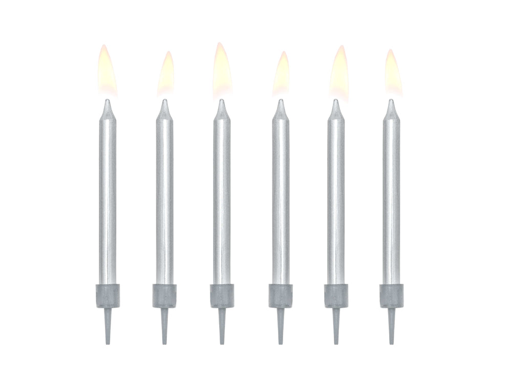 Silver Birthday Cake Candles x 6 - Silver Party Supplies Birthday Candles Silver Birthday Cake Candles x 6
