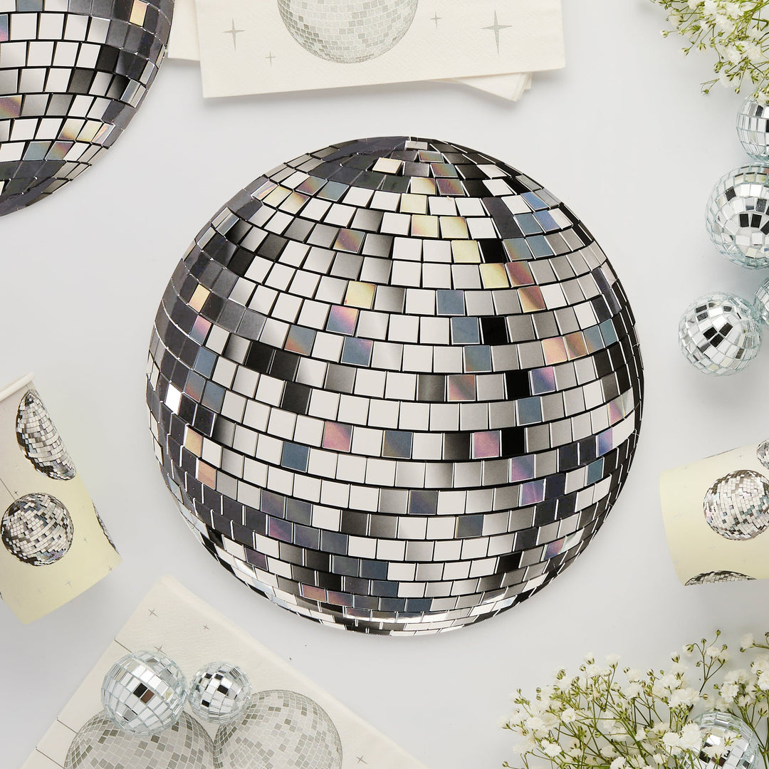 Silver Disco Ball Paper Plates (Set of 8) - Disco Party Supplies Disposable Plates Silver Disco Ball Paper Plates (Set of 8)
