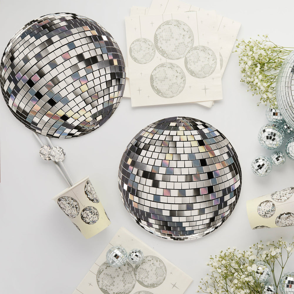 Silver Disco Ball Paper Plates (Set of 8) - Disco Party Supplies Disposable Plates Silver Disco Ball Paper Plates (Set of 8)