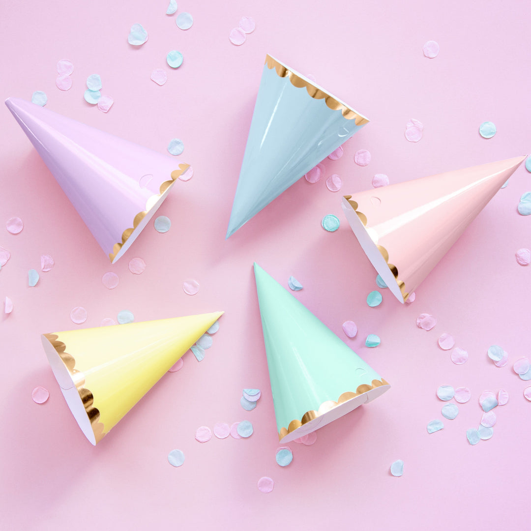 Party Hats 6 x Pastel and Gold Party Hats