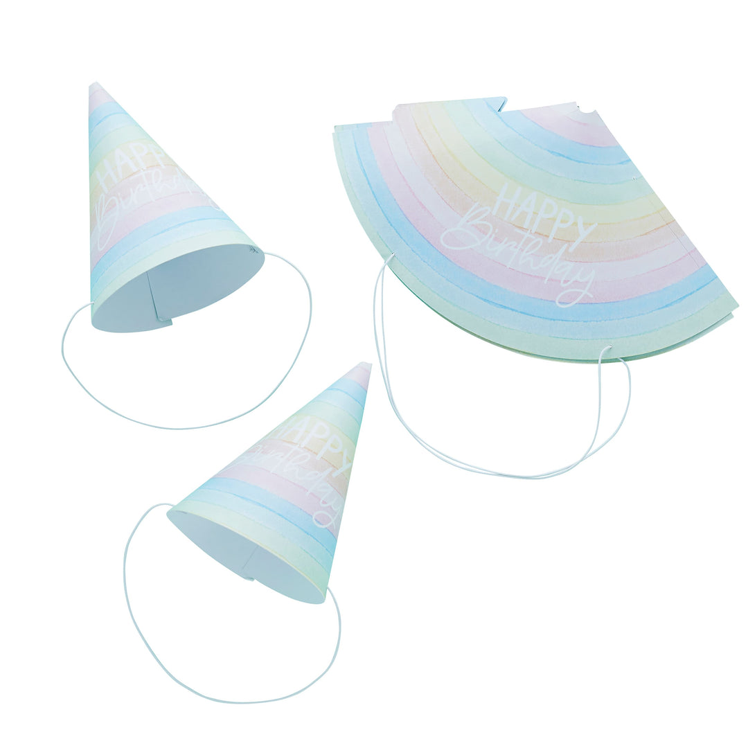 10 Pack Eco Rainbow Happy Birthday Paper Hats | Rainbow Party Supplies UK Party Accessories 10 Pack Eco Rainbow Happy Birthday Paper Hats