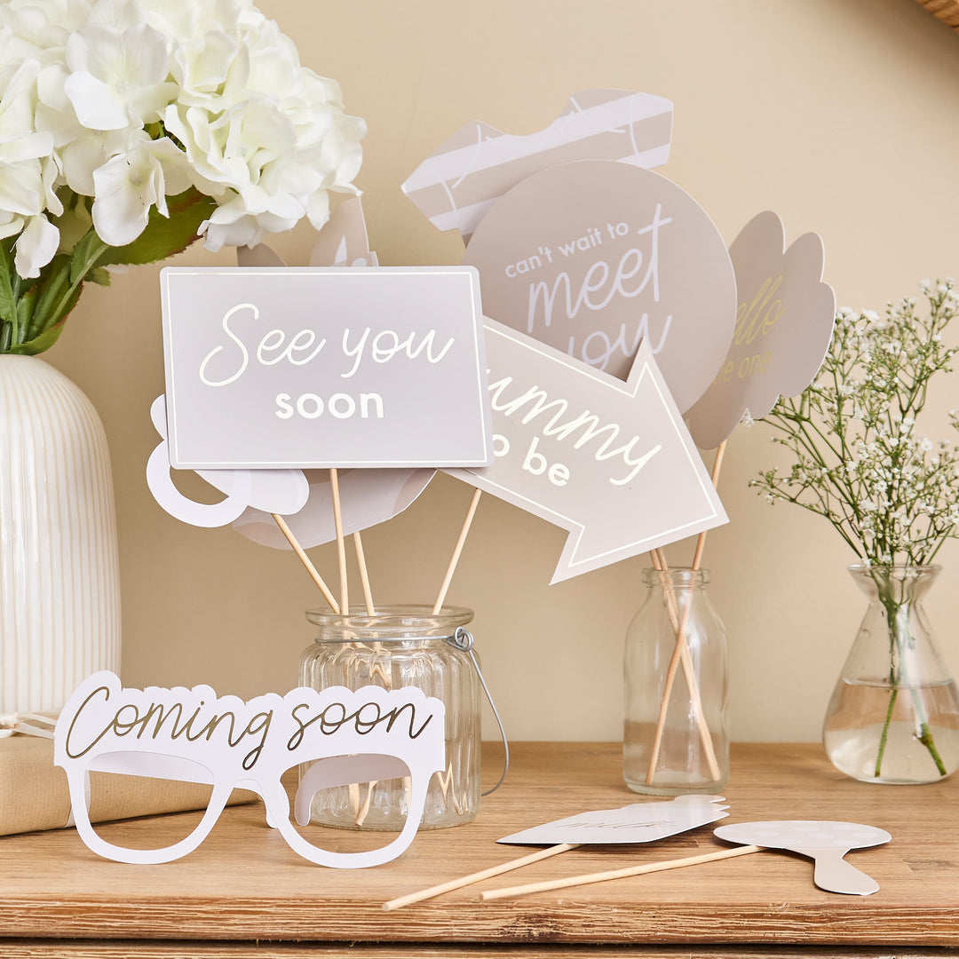 10 Pack Neutral Baby Shower Photo Props | Baby Shower Supplies UK Party Accessories Neutral Baby Shower Photo Props - 10 Pack