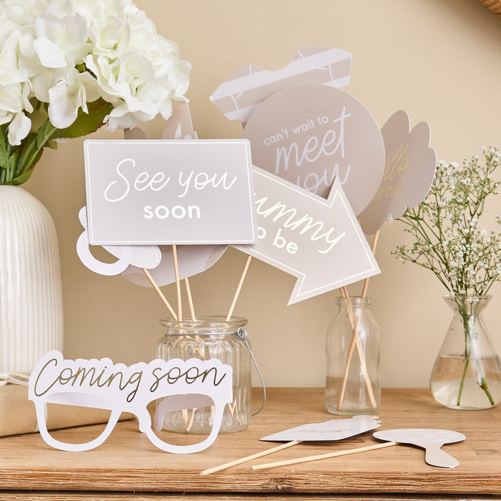 10 Pack Neutral Baby Shower Photo Props | Baby Shower Supplies UK Party Accessories Neutral Baby Shower Photo Props - 10 Pack