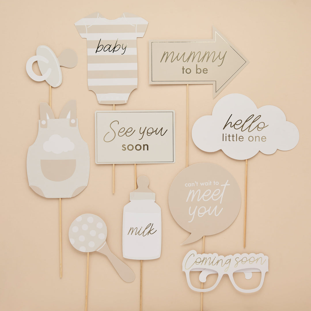 10 Pack Neutral Baby Shower Photo Props | Baby Shower Supplies UK Party Accessories Neutral Baby Shower Photo Props - 10 Pack