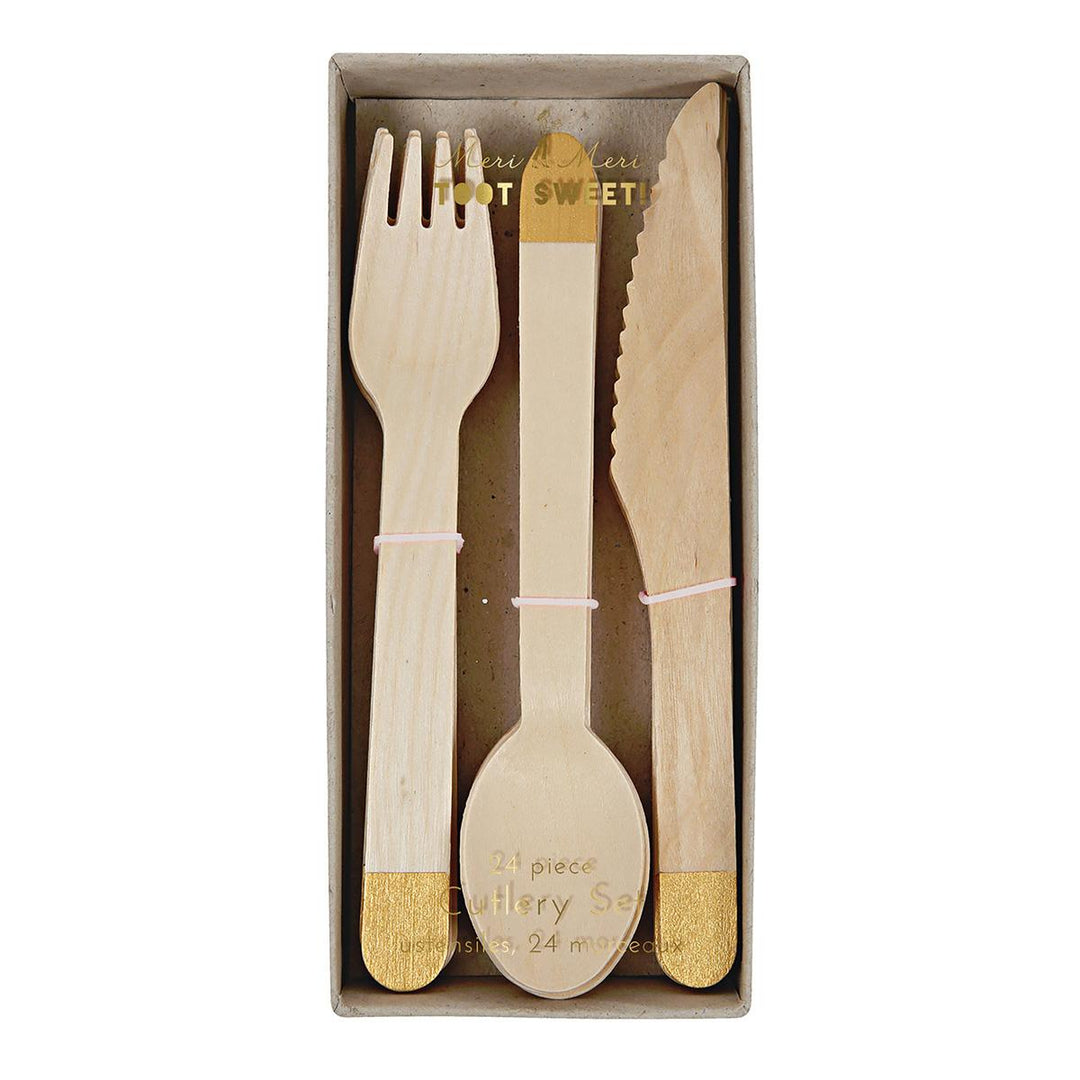 Gold Wooden Party Cutlery Set x 24