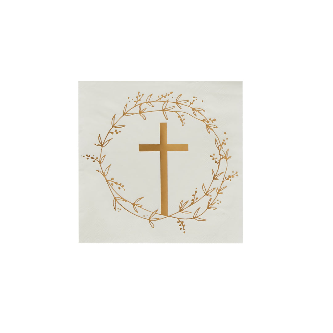 16 Pack Gold Cross Paper Napkins | Christening Party Supplies UK Paper Napkins 16 Pack Gold Cross Paper Napkins