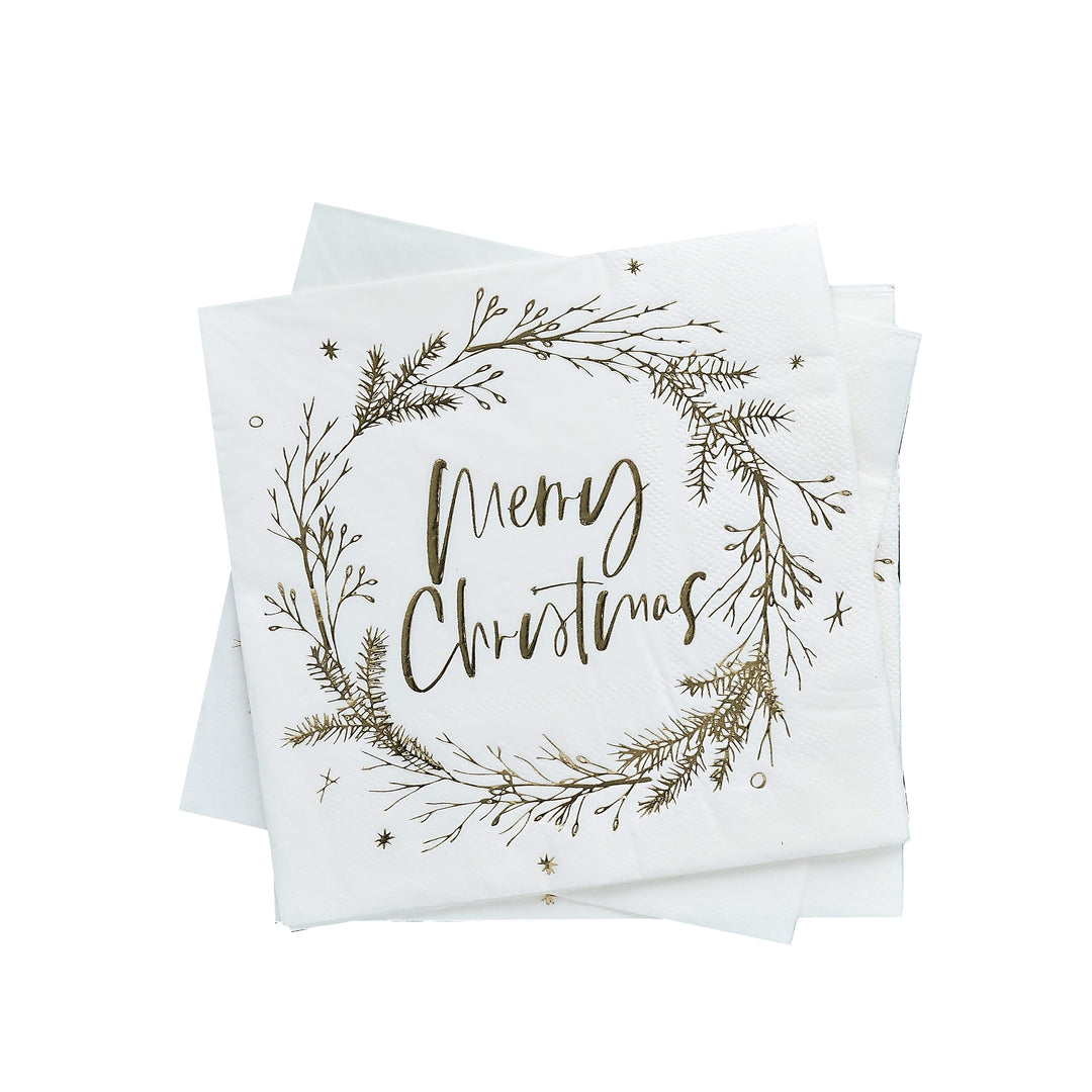 16 Pack Gold Foiled Merry Christmas Wreath Napkins | Christmas Party Supplies UK Paper Napkins 16 Pack Gold Foiled Merry Christmas Wreth Napkins
