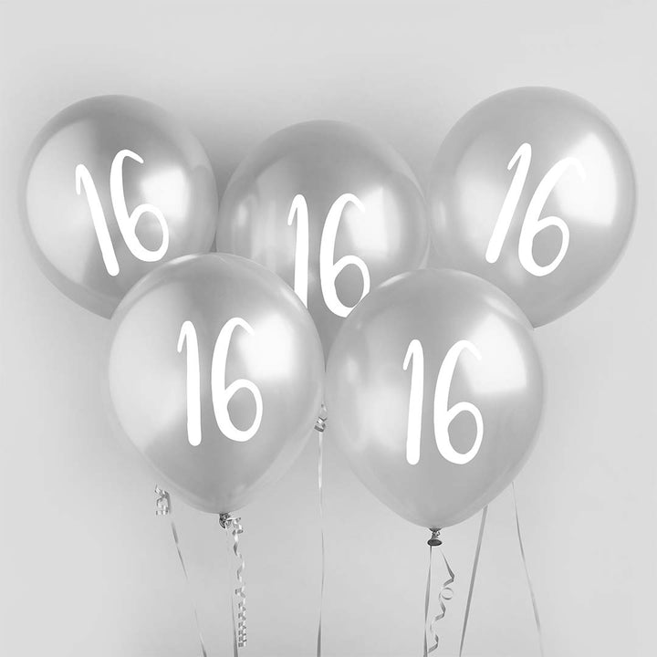 16th Birthday Balloons Silver Chrome - Hootyballoo Balloons 16th Birthday Balloons Silver Chrome - 5 Pack