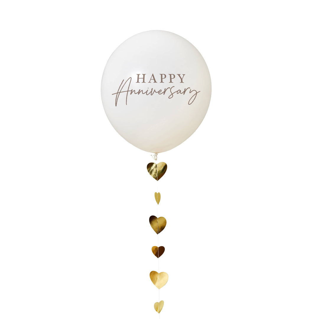18" Happy Anniversary Latex Balloon with Trailing Gold Heart Balloon Tail | Anniversary Party Supplies UK Balloons 18" Happy Anniversary Latex Balloon with Trailing Gold Heart Balloon Tail