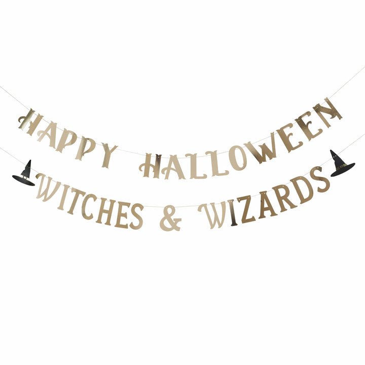 2 Pack 2m Gold Happy Halloween Witches &amp; Wizards Banner | Halloween Party Supplies UK Banners 2 Pack 2m Gold Happy Halloween Witches &amp; Wizards Banner
