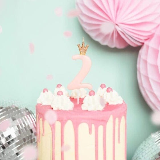 2nd Birthday Number 2 Pink Birthday Cake Candle - Party Deco Birthday Candles 2nd Birthday Number 2 Light Pink & Gold Crown Candle