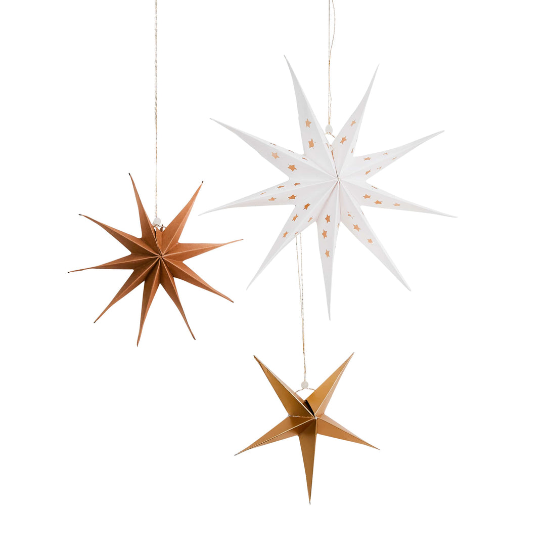 3 Pack White, Gold &amp; Kraft Hanging Star Set | Christmas Party Supplies UK Party Decorations 3 Pack White, Gold &amp; Kraft Hanging Star Set