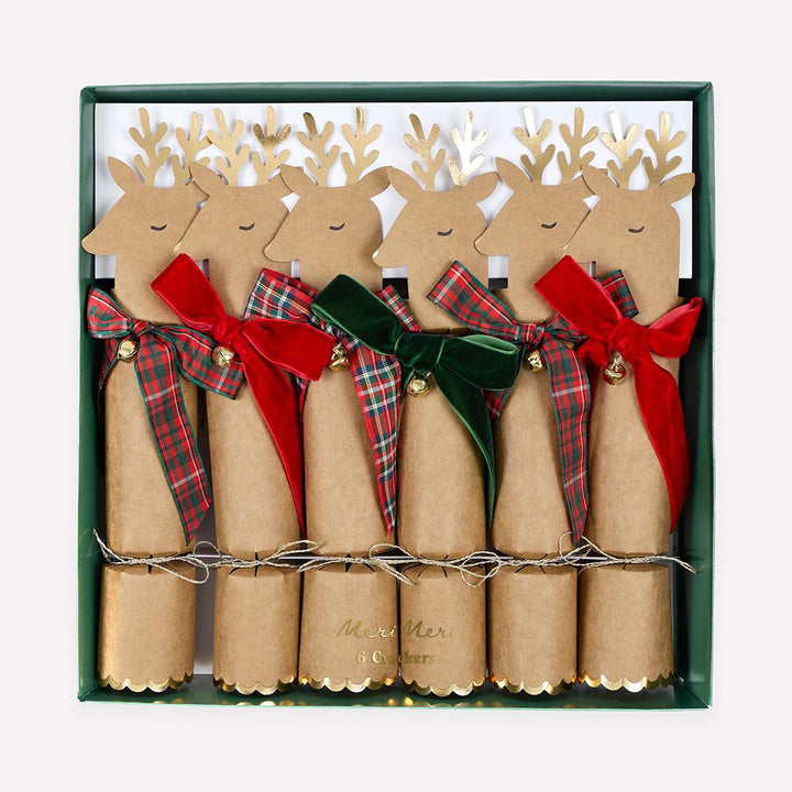 Plaid &amp; Velvet Bow Reindeer Christmas Crackers x 6 | Meri Meri christmas crackers Plaid &amp; Velvet Bow Reindeer Christmas Crackers x 6