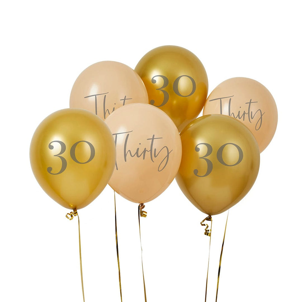 30th Birthday Balloons - Gold and Peach 'Thirty' Balloons x 6 Balloons Gold and Peach 'Thirty' Balloons x 6