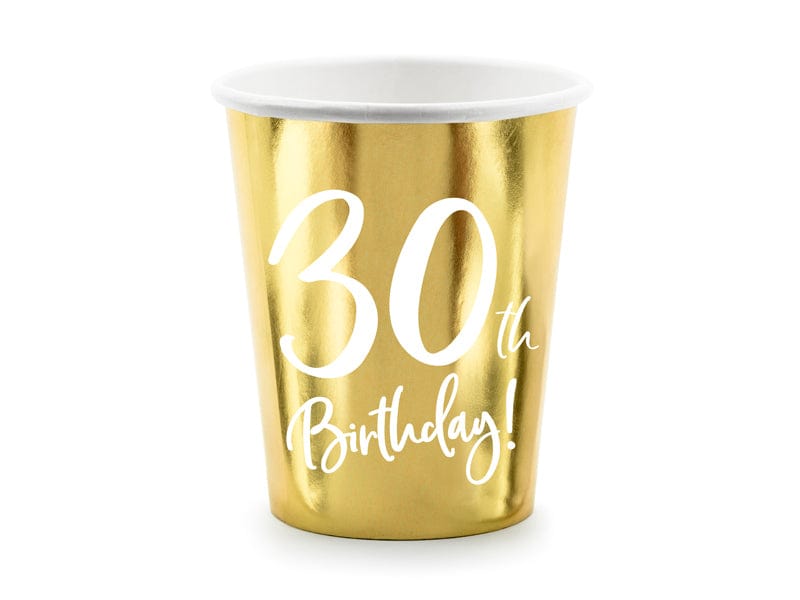 30th Birthday Gold & White Paper Cups party cups 30th Birthday Gold Party Paper Cups x 6