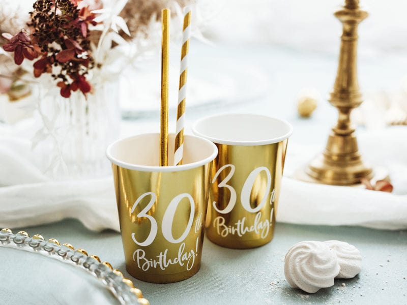 30th Birthday Gold & White Paper Cups party cups 30th Birthday Gold Party Paper Cups x 6