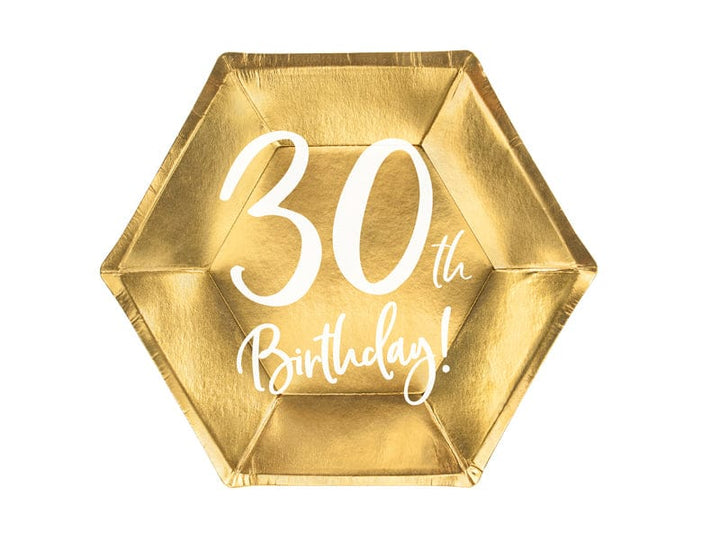 30th Birthday Gold & White Paper Party Plates party cups 30th Birthday Gold Party Paper Plates x 6