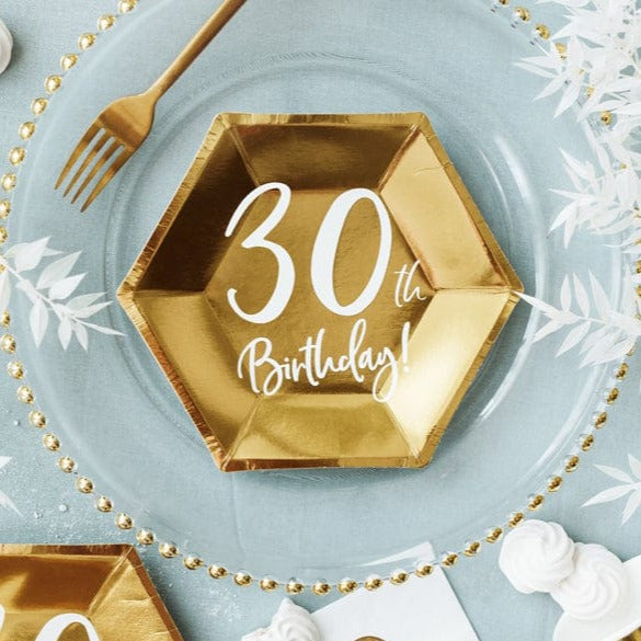 30th Birthday Gold & White Paper Party Plates party cups 30th Birthday Gold Party Paper Plates x 6
