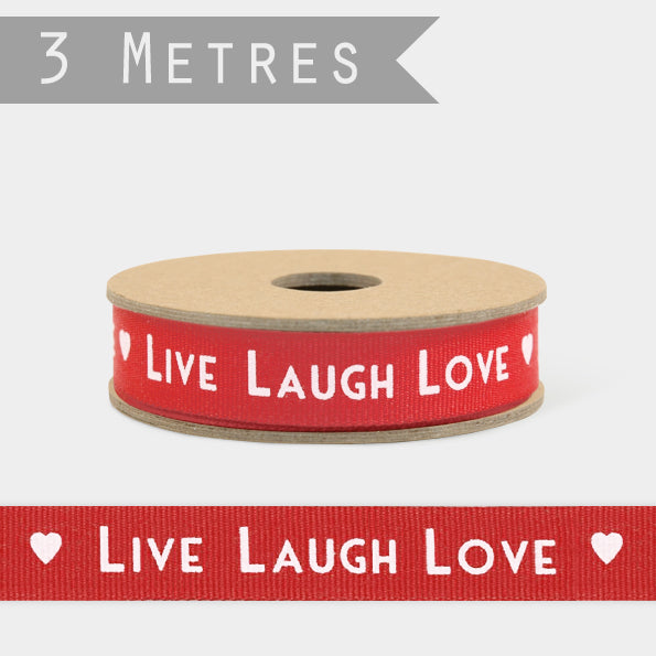 East of India Art Deco Ribbon 3m - Red / Live, Laugh, Love &amp; Heart
