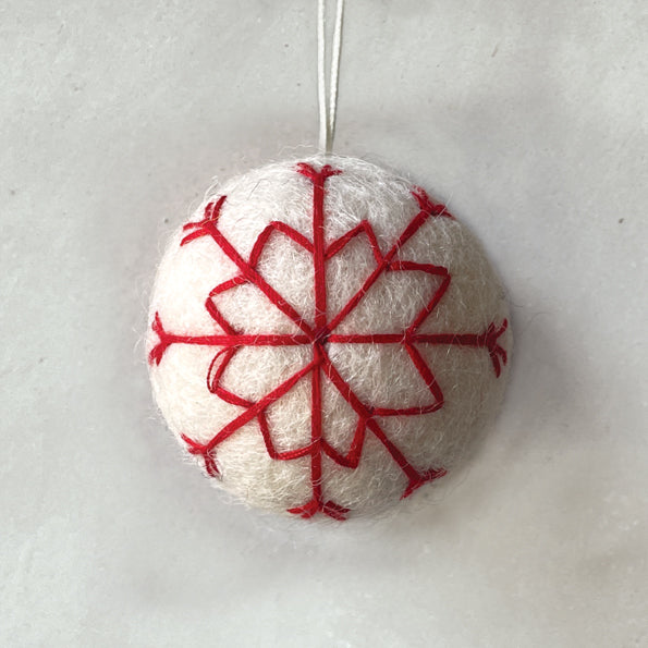 East of India Felt Christmas Bauble - White, Red Thread Embroidery