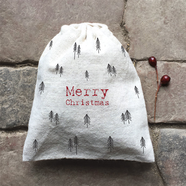 East of India Calico Drawstring Gift Bag - Merry Christmas