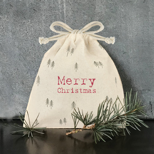 East of India Calico Drawstring Gift Bag - Merry Christmas