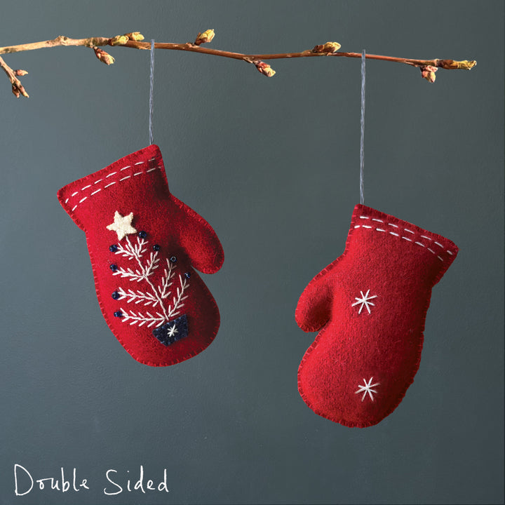 East of India Embroidered Mitten Hanging Decoration - Red