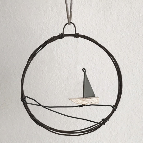 East of India Small Rusty Wire Wreath - Sail Boat