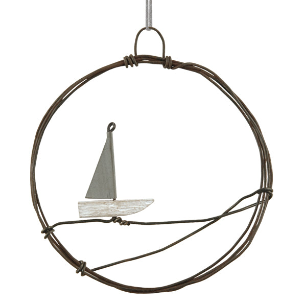East of India Small Rusty Wire Wreath - Sail Boat