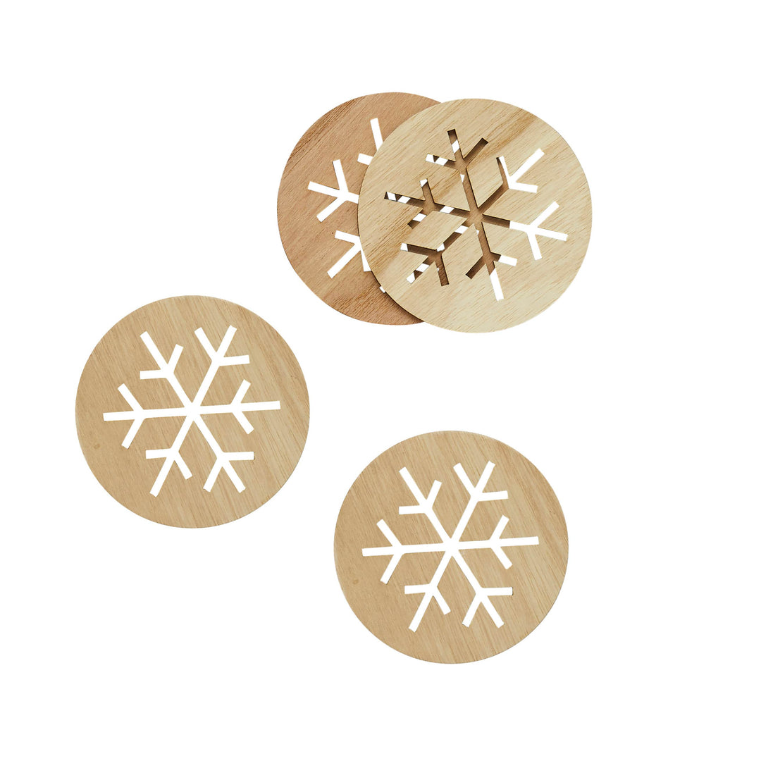 4 Pack Wooden Snowflake Coasters | Christmas Party Supplies UK Party Decorations 4 Pack Wooden Snowflake Coasters
