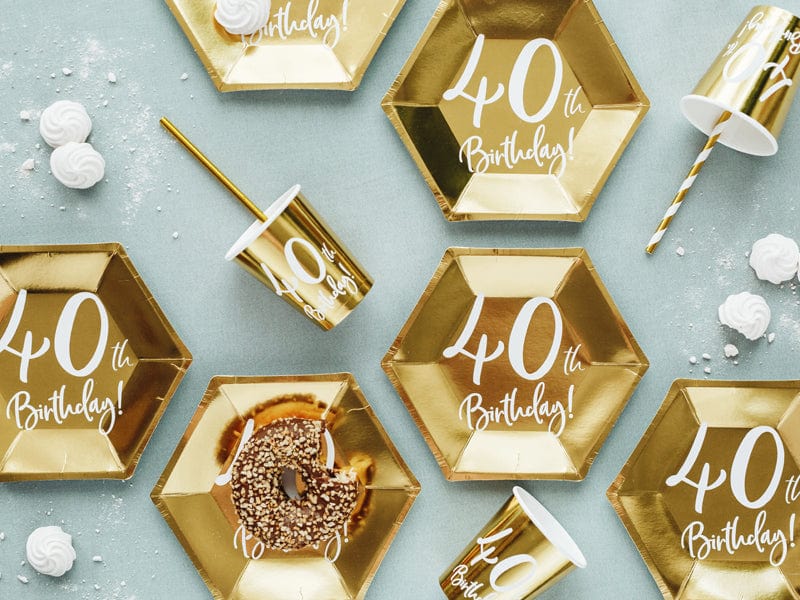 40th Birthday Gold & White Paper Party Plates Disposable Plates 40th Birthday Gold Party Paper Plates x 6