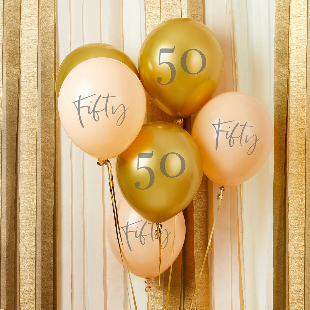 50th Birthday Balloons - Gold and Peach 'Fifty' Balloons x 6 Balloons Gold and Peach 'Fifty' Balloons x 6