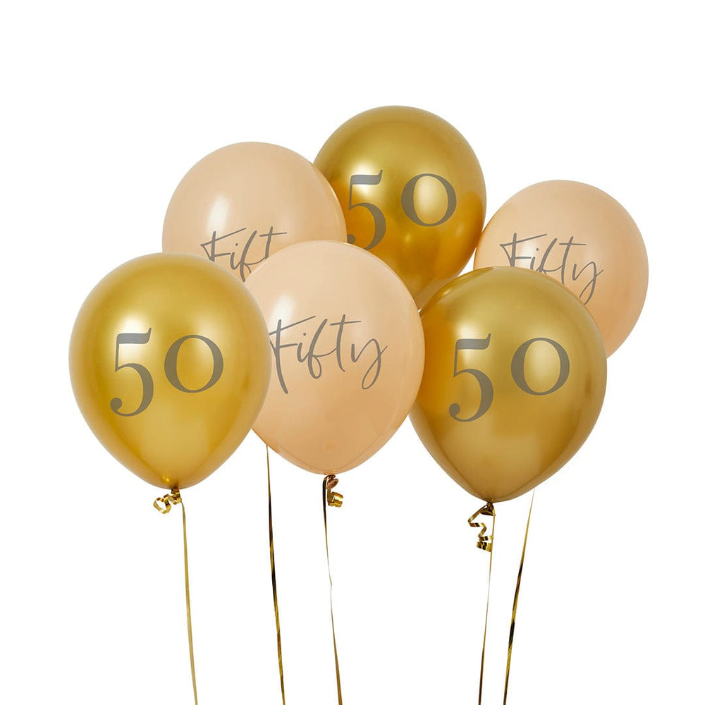 50th Birthday Balloons - Gold and Peach 'Fifty' Balloons x 6 Balloons Gold and Peach 'Fifty' Balloons x 6