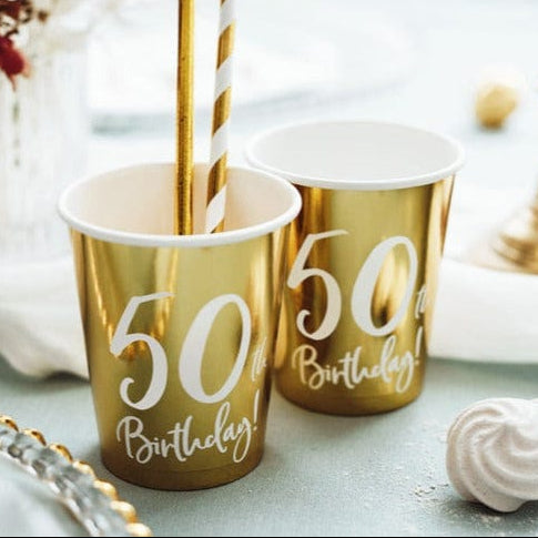 50th birthday tumblers 50th Birthday Gold & White Paper Cups – Little Big Party Co