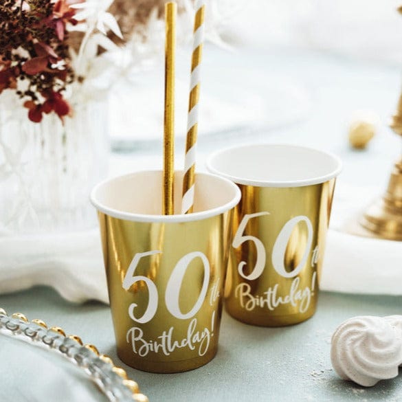 50th Birthday Gold & White Paper Cups party cups 50th Birthday Gold Party Paper Cups x 6