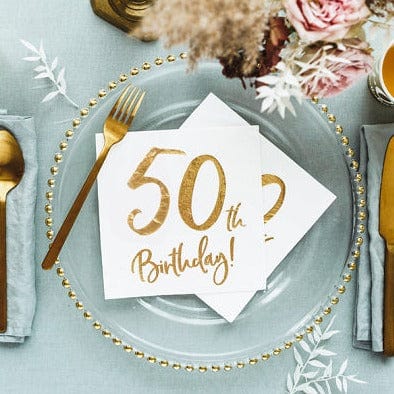 50th Birthday Gold & White Paper Napkins Paper Napkins 50th Birthday White & Gold Paper Napkins x 20