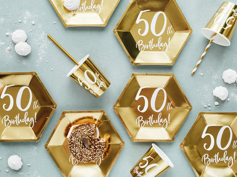 50th Birthday Party Gold & White Paper  Plates Disposable Plates 50th Birthday Party Gold Paper Plates x 6