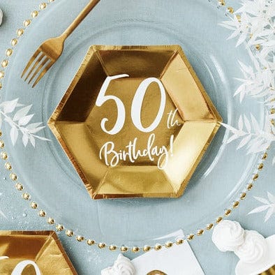 50th Birthday Party Gold & White Paper  Plates Disposable Plates 50th Birthday Party Gold Paper Plates x 6