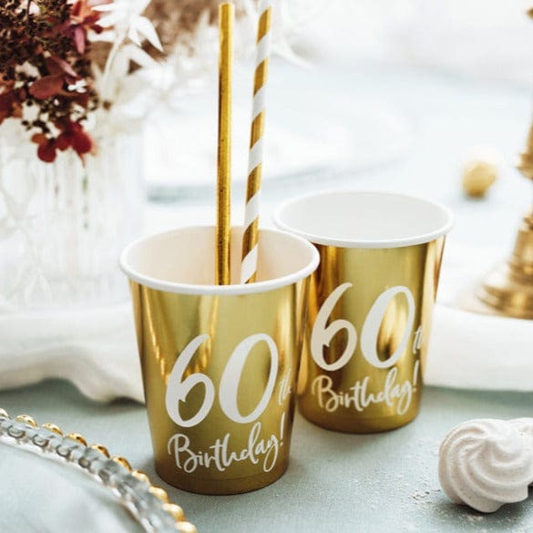 60th Birthday Party Gold & White Paper Cups party cups 60th Birthday Party Gold Paper Cups x 6