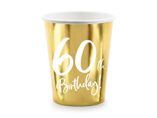 60th Birthday Party Gold & White Paper Cups party cups 60th Birthday Party Gold Paper Cups x 6