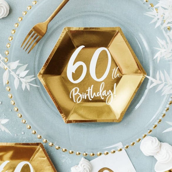 60th Birthday Party Gold & White Paper Plates Disposable Plates 60th Birthday Party Gold Paper Plates x 6