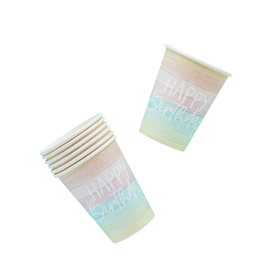 8 Pack Eco Rainbow Happy Birthday Paper Cups | Rainbow Party Supplies UK Disposable Cups 8 Pack Eco Rainbow Happy Birthday Paper Cups