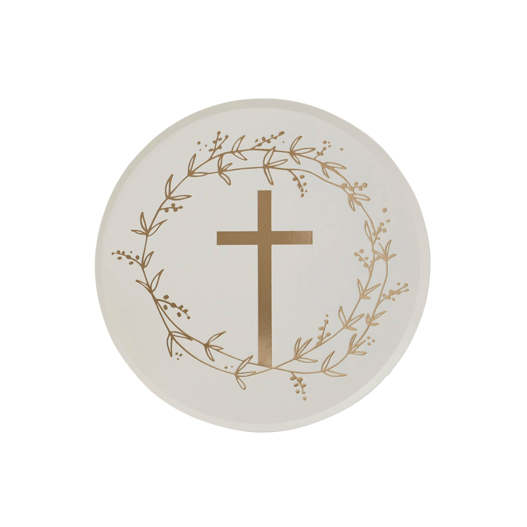 8 Pack Gold Cross Paper Plates | Christening Party Supplies UK Disposable Plates 8 Pack Gold Cross Paper Plates