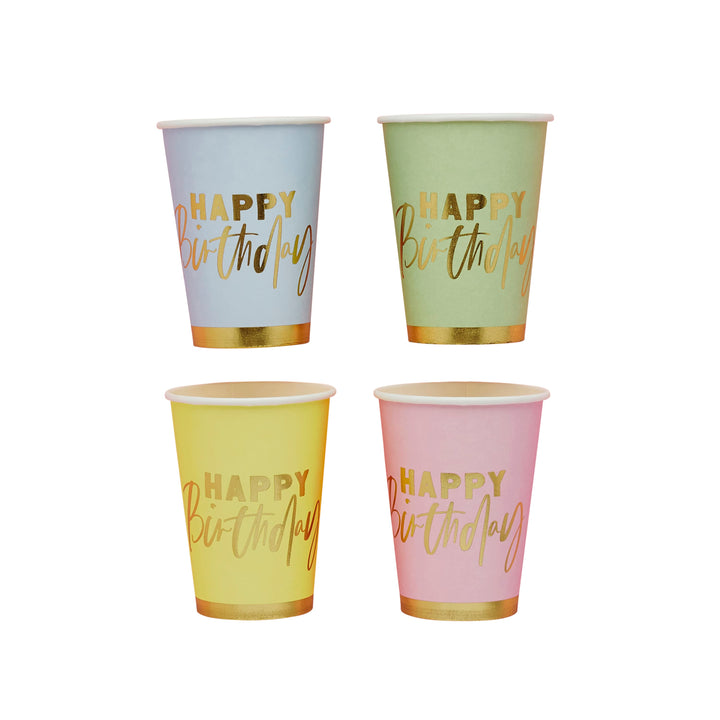 8 Pack Pastel Happy Birthday Paper Cups | Pastel Party Supplies UK Disposable Cups 8 Pack Pastel Happy Birthday Paper Cups