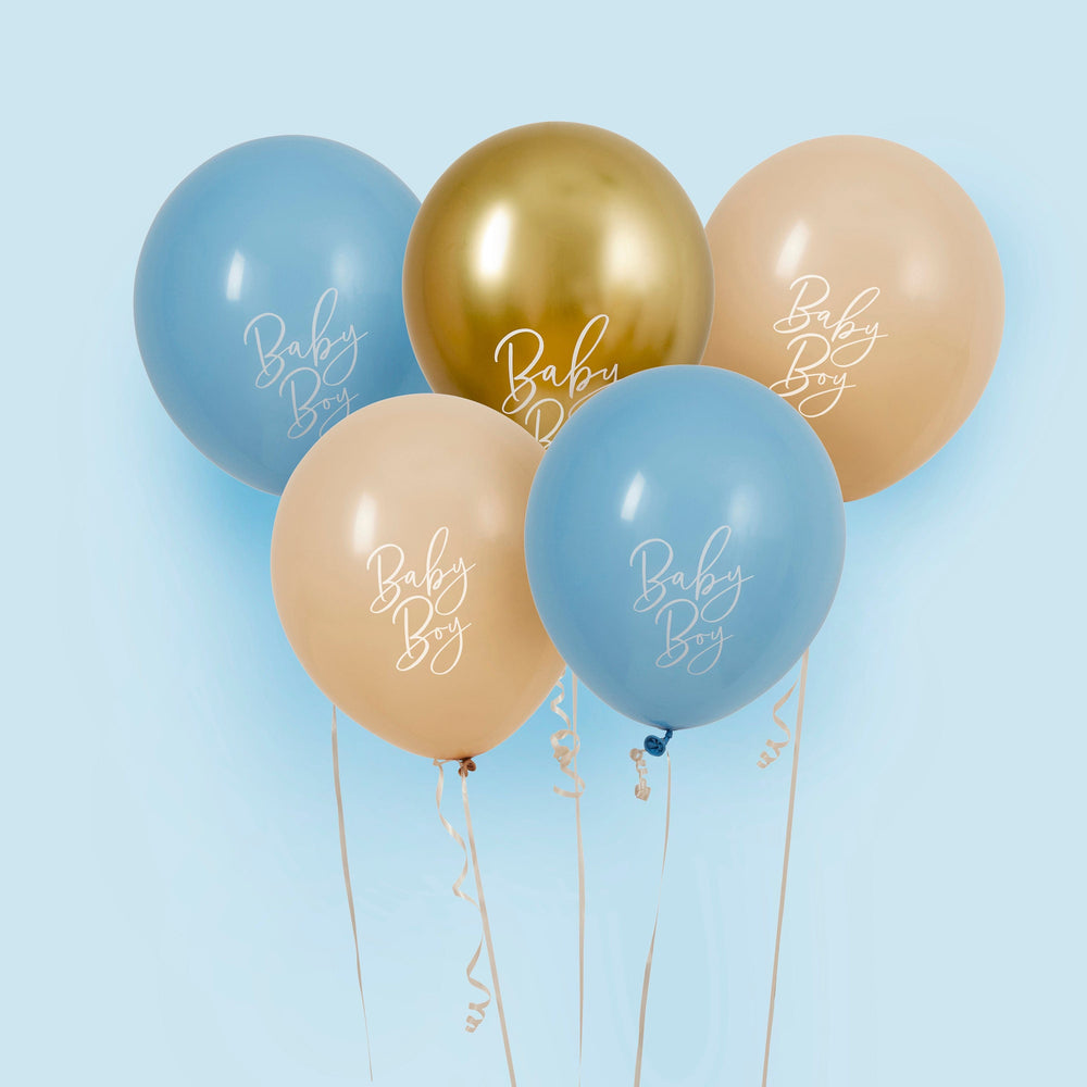 Baby Blue, Nude & Gold Baby Shower Balloons x 5 Balloons Baby Blue, Nude & Gold Baby Shower Balloons x 5