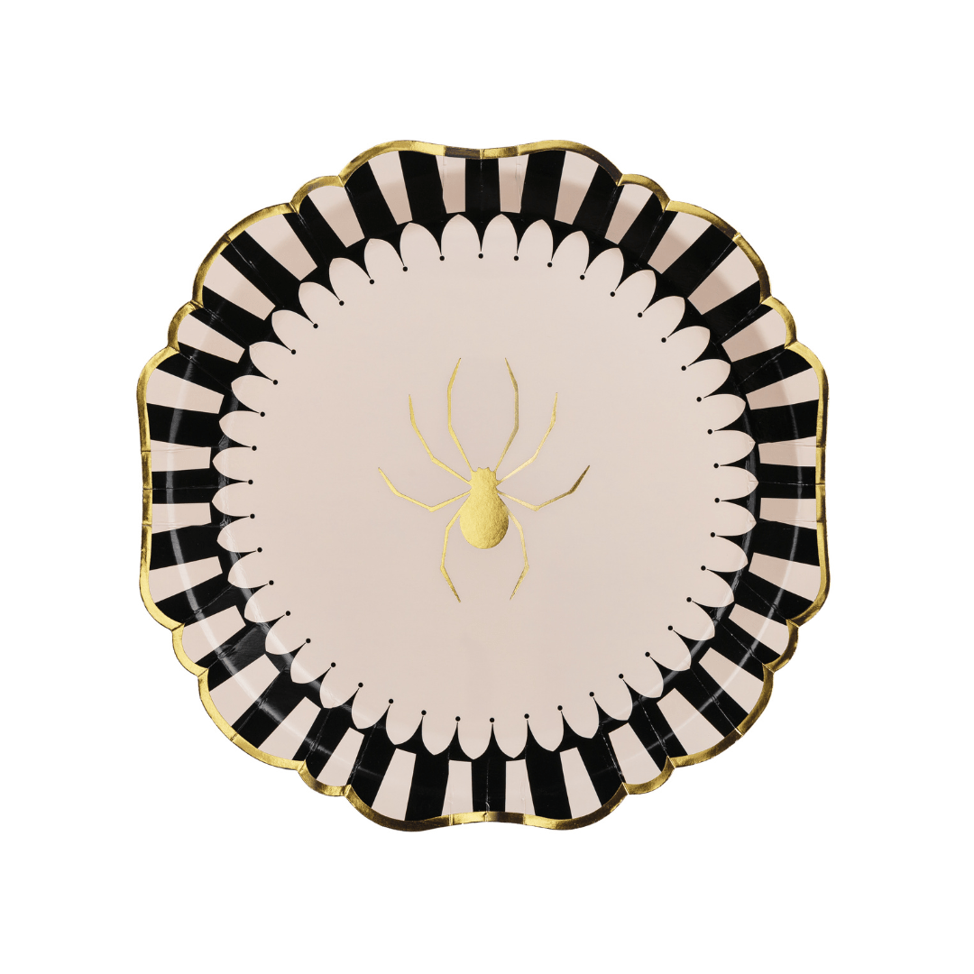 Beige & Black Scalloped Spider Paper Plates x 6 Disposable Plates Beige & Black Scalloped Spider Paper Plates x 6