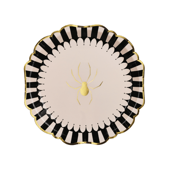 Beige & Black Scalloped Spider Paper Plates x 6 Disposable Plates Beige & Black Scalloped Spider Paper Plates x 6